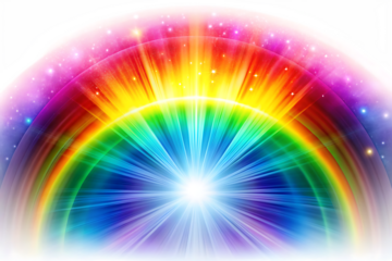 Vibrant Rainbow Burst with Sparkling Stars and Light Rays explosion isolated on a transparent background