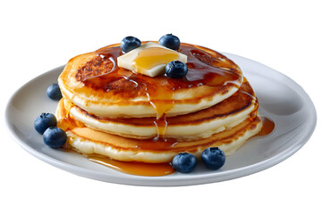 A tall stack of fluffy golden pancakes with melting butter, fresh blueberries, and a generous drizzle of maple syrup. A perfect, isolated breakfast classic.