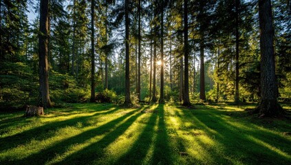 Fototapeta premium Sunlight filtering through a dense forest. Long shadows stretch across a grassy clearing