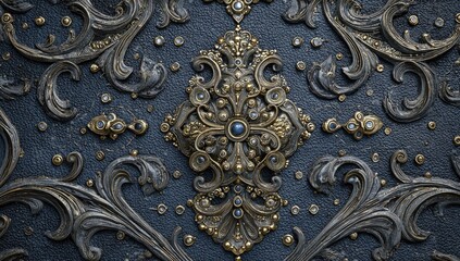 Obraz premium Ornate dark gray and gold decorative panel with detailed carvings and jewels. 