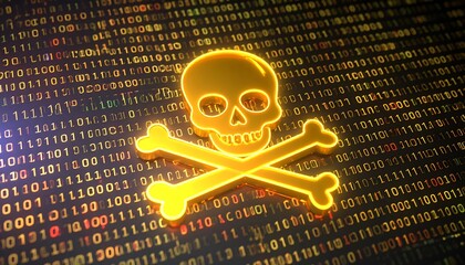 A glowing golden skull and crossbones symbol floats above a matrix of binary code.