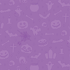 Seamless Purple Halloween Pattern with Ghosts, Pumpkins, Bats and Spooky Elements for Wrapping Paper