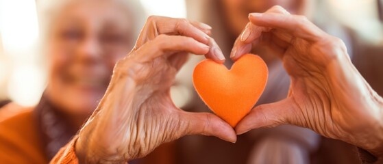 The elderly hands cradling an orange heart symbolizing love and connection.