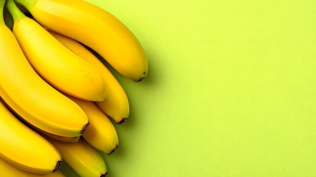 Bright yellow bananas arranged on a vibrant green background with copy space