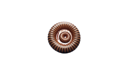 Intricate spiral pattern of a millipede curled defensively on a white background