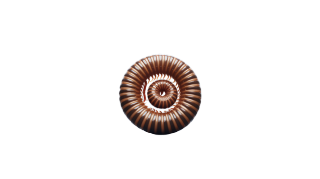 Intricate spiral pattern of a millipede curled defensively on a white background