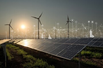 Solar panels and wind turbines at sunset, overlaid with data visualizations