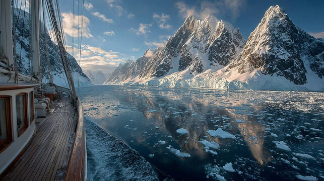 Panoramic view of sailboat bow or prow in the famous Lemaire Channel in the Antarctic Peninsula. Surrounded by mountains and glaciers while sailing in Antarctica