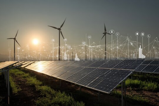 Solar panels and wind turbines at sunset, overlaid with data visualizations - Powered by Adobe