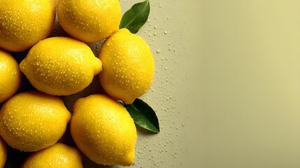 Fresh lemons with water droplets and green leaves on a light yellow background