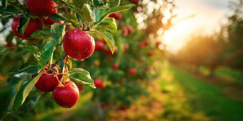 The Vibrant Red Apples Glimmering in a Sunlit Orchard at Dusk