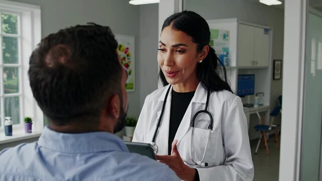 A friendly doctor consults a patient in a modern clinic. Medium camera angle video.