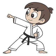 A young boy in a white karate gi (uniform) with a black belt. He is barefoot and in a ready stance, with his left arm extended forward in a punch and his right arm pulled back at his side.