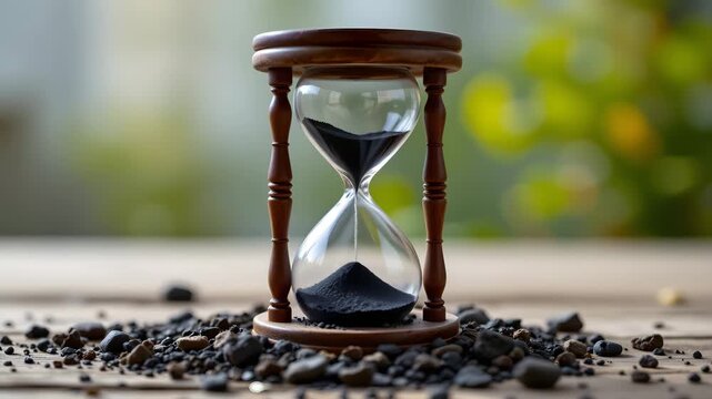 Hourglass on Wooden Surface: A detailed capture of an hourglass, the sands of time flowing steadily, surrounded by rugged texture in the foreground, symbolizing time's passage and life's journey.