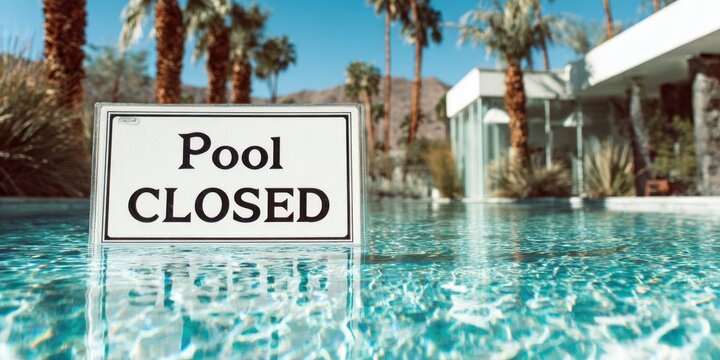 The pool closed sign reflecting serenity in a luxurious outdoor setting.