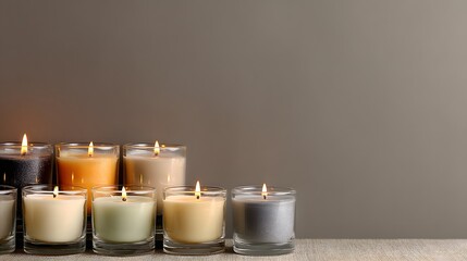 Elegant array of aromatic candles illuminating a calm neutral backdrop