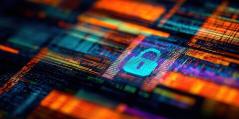 The digital lock symbolizing security in a vibrant abstract background of technology.