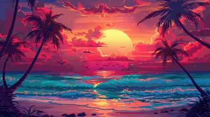 Vibrant sunset painting of tropical beach with palm trees and ocean waves