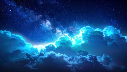 Stunning night sky with vibrant electric blue glowing clouds. The majestic Milky Way forms a serene, ethereal, and mystical cosmic dreamscape