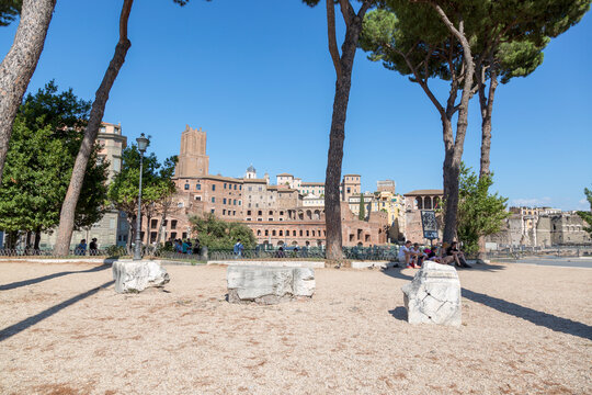 Rome, Italy - August 16, 2019: View of the Market of Trajan from the side of Venice Square in the center of Rome