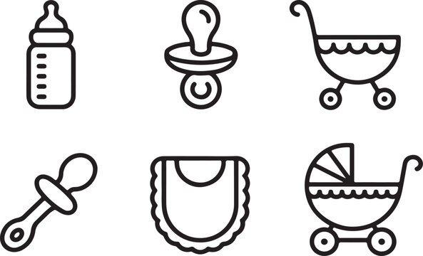 Collection of simple line art icons for baby care and accessories isolated on white background