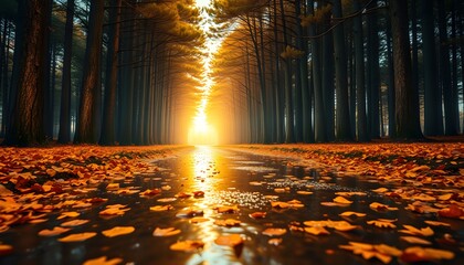Fototapeta premium Autumnal forest path with fallen leaves reflecting golden light, creating a serene and mystical atmosphere.