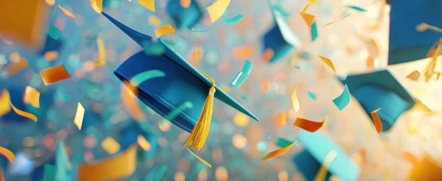 The graduation cap soaring amidst colorful confetti celebration in joyful success.