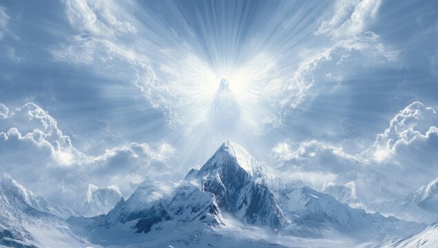 Radiant figure atop a snow-capped mountain range, bathed in celestial light