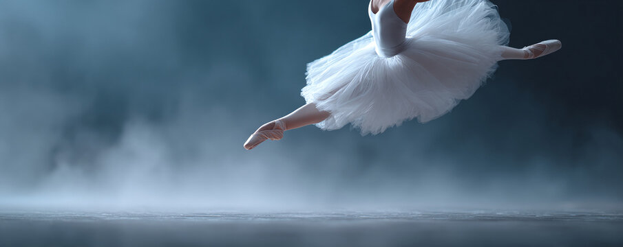 Graceful ballerina in midair leap, showcasing strength  artistry. Dramatic lighting  misty atmosphere evoke ethereal beauty. Ideal for dance, performance or conceptual designs. - Powered by Adobe