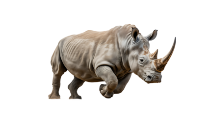 Majestic rhinoceros charges forward with powerful horns and textured skin.