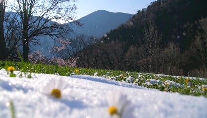 A springtime scene of a meadow covered in a light dusting of snow, with blossoming flowers and trees in the background.
