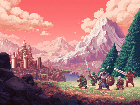 Epic pixel art fantasy scene featuring warriors journeying towards a majestic castle against a backdrop of mountains. Retro gaming aesthetic for nostalgia or adventure themes. - Powered by Adobe
