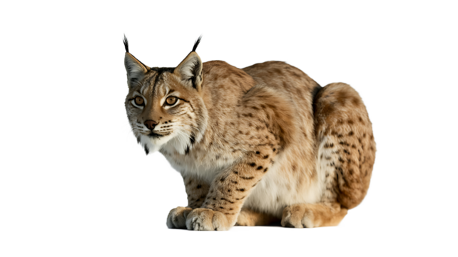 Alert lynx crouches on white background, intensely focused forward.