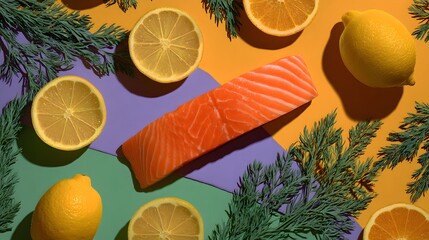 Fresh salmon fillet with lemons and dill on vibrant geometric background