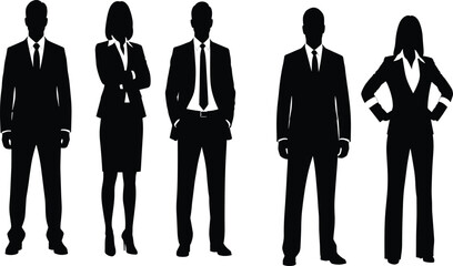 Business silhouettes, professional team standing, corporate people illustration, formal office attire, leadership in workplace, business figures in suits, 