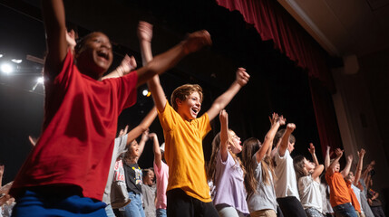 A group of diverse, excited children on a stage with raised arms, celebrating success or victory. Represents teamwork, achievement, joy, and collective accomplishment.
