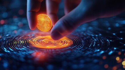A hand placing a glowing coin onto a fingerprint scanner with digital neon light effects around it