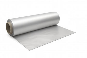 Aluminum foil roll partially unrolled on a transparent background, ready for use in kitchen or industrial applications