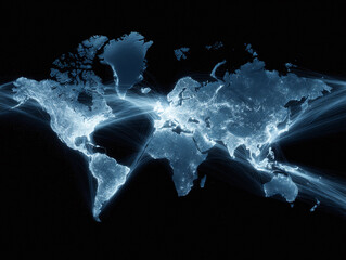 Global connectivity concept. Stylized world map illuminated with glowing network lines. Represents globalization, data flow, communications, and trade.