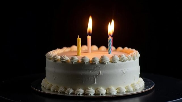 Birthday cake with lit candles against a dark backdrop, creating a celebratory atmosphere