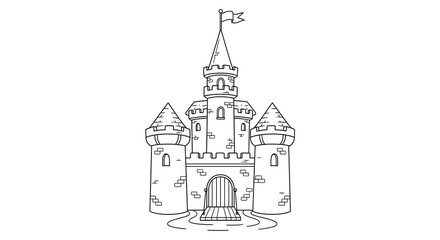 Fototapeta premium Fairytale castle line art with towers battlements and a flag on a central spire.