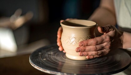 Obraz premium Skilled hands shape a decorative clay pot on a pottery wheel, showcasing the artistry of a craft.