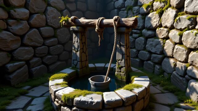 Ancient Stone Well: An inviting shot of an old stone well, surrounded by weathered stones and moss. The scene is illuminated by sunlight, evoking a sense of history and timelessness. 