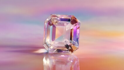 A radiant, faceted gemstone, seemingly emerald cut, rests on a reflective surface. Soft, pastel hues of pink, purple, and orange create a dreamy, ethereal backdrop