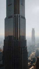 Obraz premium High-angle view of tiered skyscraper with foggy cityscape at dawn or dusk