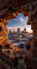 Cityscape seen through a broken brick wall
