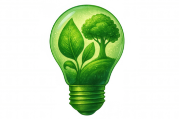 Illuminating sustainable growth, green energy concept featuring tree sprouting inside glowing light bulb against transparent backdrop