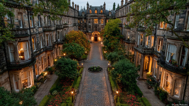 Aerial view of beautiful historic architecture in Moray Place, New Town, Edinburgh, Midlothian, Scotland.