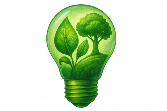 Illuminating sustainable growth, green energy concept featuring tree sprouting inside glowing light bulb against transparent backdrop