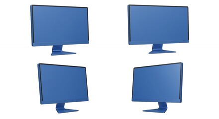 Multiple blue computer monitors display